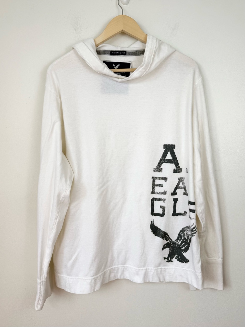 American Eagle Cream Very Soft Hooded T-Shirt Gray Eagle Graphic Vintage Fit XL